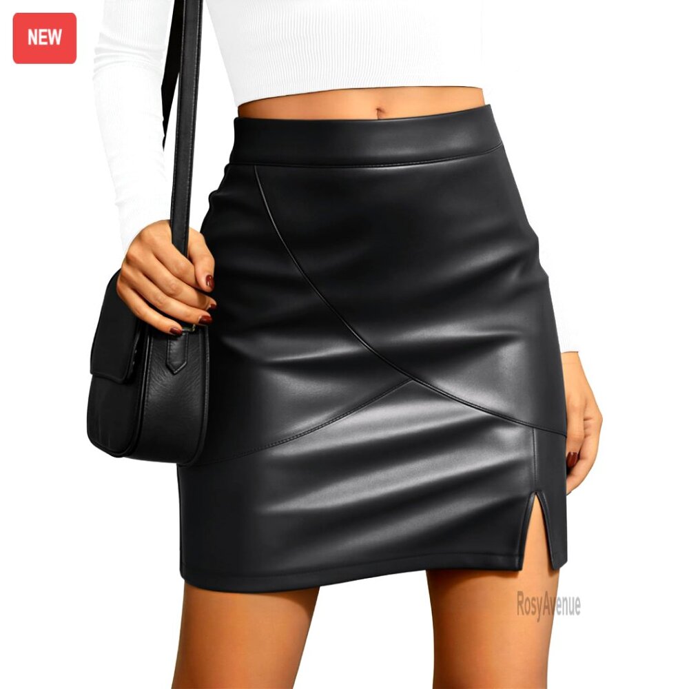 Faux Leather Pencil Skirt With Side Slit, A-Line Fit For Date Night